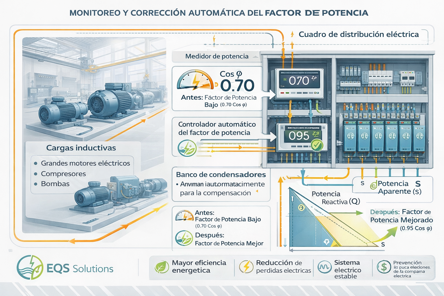 EQS Solutions Ilustración técnica industrial que explica la monitorización y corrección automática del factor de potencia en una instalación eléctrica industrial.