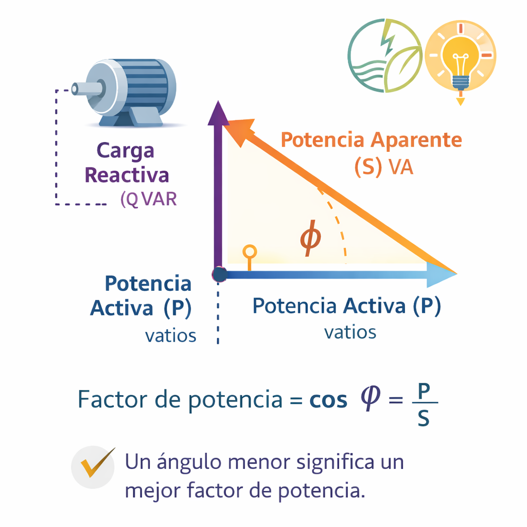 EQS Infografía educativa de ingeniería eléctrica que explica el factor de potencia en sistemas de CA.