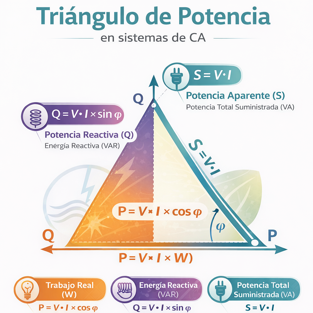 EQS Infografía moderna de ingeniería eléctrica que explica el Triángulo de Potencia en sistemas de CA.