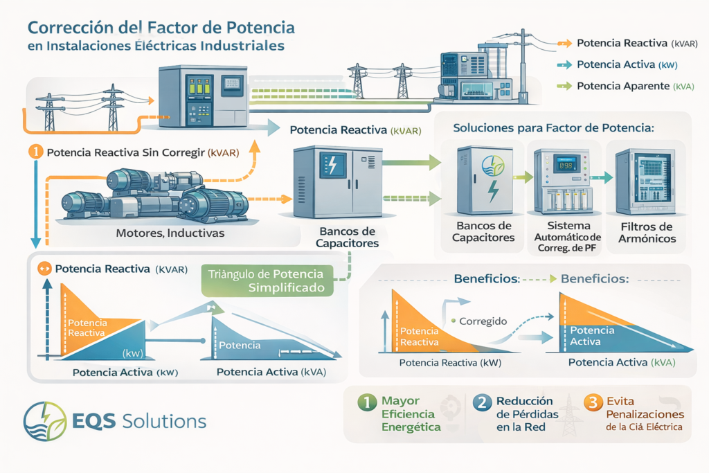 EQS Solutions Infografía profesional de ingeniería eléctrica que explica la corrección del factor de potencia en instalaciones eléctricas industriales