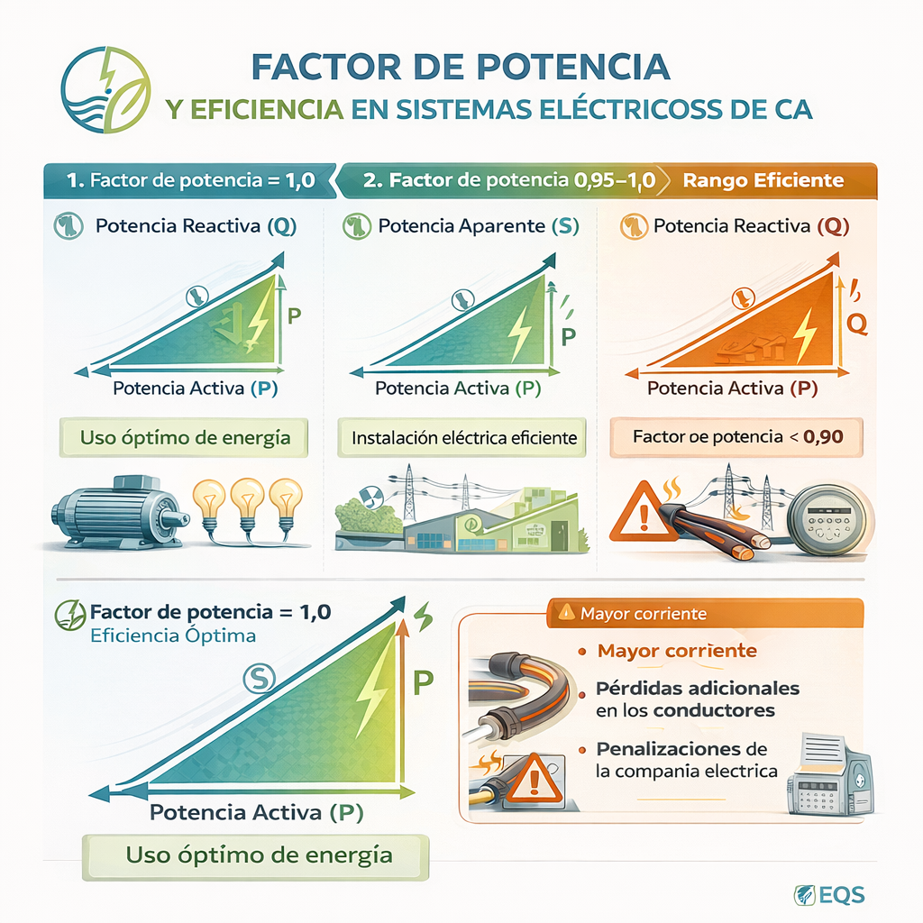eqs Infografía profesional de ingeniería eléctrica que explica los valores del factor de potencia y la eficiencia en sistemas eléctricos de corriente alterna (CA