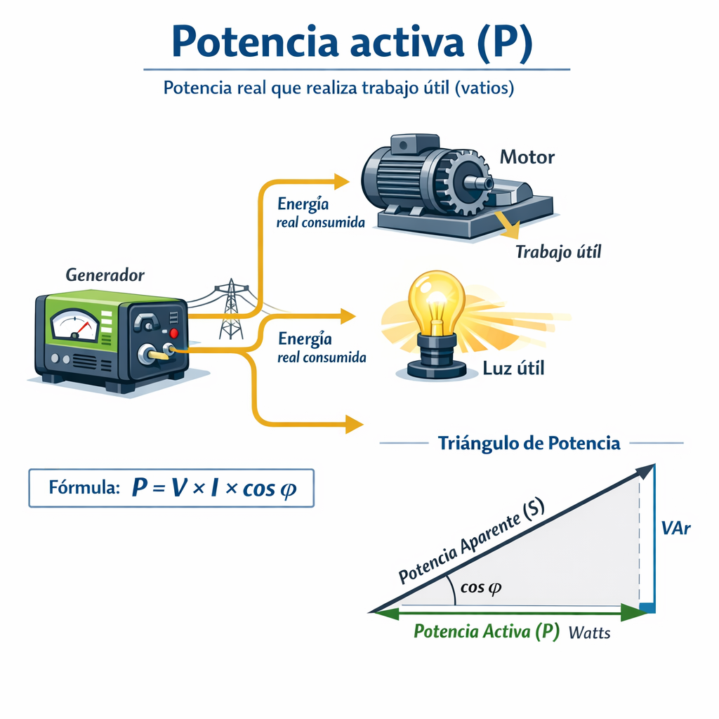 EQS Infografía de capacitación en electricidad industrial que explica la potencia activa (P).