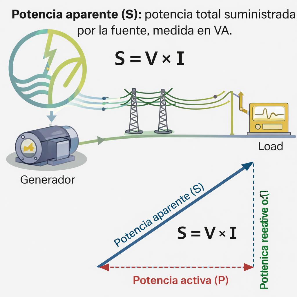 EQS Ilustración técnica educativa que explica la potencia aparente (S) en un sistema eléctrico de corriente alterna (CA).