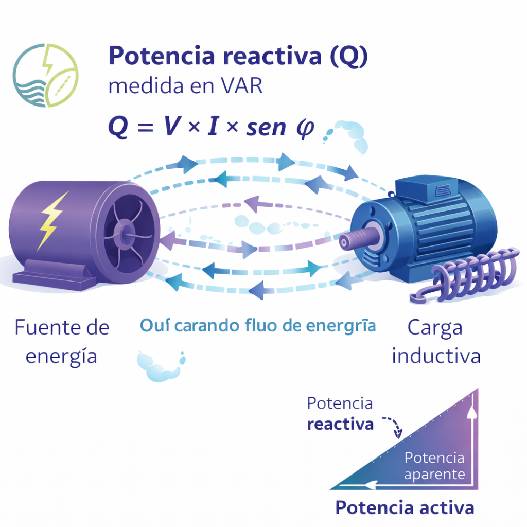 EQS Infografía educativa de ingeniería eléctrica que explica la potencia reactiva (Q).